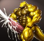  5_fingers abs anthro balls big_muscles big_penis biped bodily_fluids claws countershade_face countershade_neck countershade_torso countershading cum cum_cannon cum_hose cum_on_penis cumshot dark_body dark_countershading dark_skin digital_media_(artwork) digital_painting_(artwork) dinosaur ejaculation erection excessive_cum fangs finger_claws fingers genital_fluids genitals glistening glistening_arms glistening_balls glistening_genitalia glistening_legs glistening_nipples glistening_penis glistening_tail gradient_background huge_muscles huge_penis humanoid_genitalia humanoid_penis hyper hyper_muscles kiltio_(kuroma) kuroma looking_at_genitalia looking_at_penis male multicolored_body muscular muscular_anthro muscular_male nipples nude penis portrait reptile reverse_countershading scalie shaded sharp_teeth simple_background soft_shading solo standing teeth three-quarter_portrait three-quarter_view two_tone_body vein veiny_muscles veiny_penis white_claws yellow_body yellow_countershading yellow_skin 