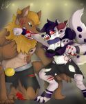  absurd_res anthro bearing_fangs belt bernard_(hellverse) bite blonde_hair blood blue_eyes bodily_fluids bottomwear breasts brown_body brown_fur canid canid_demon canine claws clothed clothing collar demon digital_media_(artwork) duo e-01 ear_piercing fan_character fangs female fight flesh_tunnel fur gauged_ear gore grey_body hair hellhound helluva_boss hellverse hi_res inclementia industrial_piercing male mammal multicolored_body multicolored_fur piercing poison purple_body purple_fur purple_hair red_sclera scar shorts simple_background spikes teeth white_body white_fur 