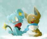  2013 ambiguous_gender blush cute_fangs duo eevee hair hair_over_eye head_tuft nintendo one_eye_obstructed pok&eacute;mon pok&eacute;mon_(species) pok&eacute;mon_mystery_dungeon scarf shaded shinx simple_background snow snowing sonicsketch tuft video_games 