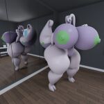  1:1 3d_(artwork) anthro big_breasts big_butt breasts butt darkdraketom digital_media_(artwork) female goodra green_eyes green_nipples hand_on_breast hand_on_butt huge_breasts huge_butt looking_at_self mirror mirror_reflection multicolored_body nintendo nipples open_window plant pok&eacute;mon pok&eacute;mon_(species) purple_body reflection shelf solo thick_thighs two_tone_body video_games window wooden_floor 