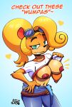  absurd_res activision anthro bandicoot big_breasts blonde_hair breasts clothed clothing clothing_lift coco_bandicoot crash_bandicoot_(series) eyewear female flashing_breasts goggles goggles_on_head hair hand_on_hip hi_res kaijusundae looking_at_viewer mammal marsupial shirt shirt_lift simple_background smile smirk solo topwear video_games 