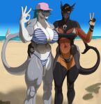  2021 anchor_tattoo anthro arm_around_waist beach big_breasts bikini breasts clothed clothing colored discovery_channel duo female fish hand_gesture hand_on_butt hat headgear headwear hi_res looking_at_viewer marine meme muscular muscular_anthro muscular_female navel portrait red_eyes seaside shark shark_tail shark_week sharp_teeth skimpy sling_bikini smile swimwear tattoo teeth three-quarter_portrait two_piece_swimsuit typelord water yellow_eyes 