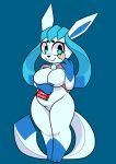  2018 absurd_res anthro big_breasts biscuit_(food) black_nose bread breasts dog_food dog_treat eeveelution featureless_breasts featureless_crotch female food glaceon green_background hi_res holding_food holding_object nintendo pet_food pok&eacute;mon pok&eacute;mon_(species) scramjet747 simple_background slightly_chubby smile solo standing video_games white_body 