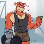  activision anthro bandicoot biped black_clothing black_shirt black_topwear bodily_fluids bottomwear clothed clothing crash_bandicoot_(series) crunch_bandicoot fur gym headphones hi_res holding_dumbbell holding_object kraujas listening_to_music male mammal marsupial muscular muscular_anthro muscular_male musical_note prosthetic prosthetic_arm prosthetic_limb red_body red_fur shirt shorts solo sweat tank_top topwear video_games 