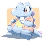  2020 3_toes ambiguous_gender blue_body clothing feet hi_res holding_object nintendo pok&eacute;mon pok&eacute;mon_(species) scalie shirt simple_background smile solo tatu_wani_(artist) toes topwear totodile video_games 