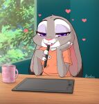  anthro beverage blush clothing coffee coffee_mug disney drawing_tablet eyeshadow female floating_hearts fur grey_body grey_fur judy_hopps kionbee lagomorph leporid makeup mammal open_mouth orange_clothing orange_shirt orange_topwear pink_nose plant purple_eyes rabbit shirt simple_background solo teal_background topwear tree window zootopia 