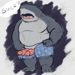  1:1 absurd_res animal_genitalia animal_penis anthro boxers_(clothing) clothing cocoronut colored dc_comics dialogue fish genitals hemipenes hi_res king_shark male marine multi_genitalia multi_penis obese open_mouth overweight penis shark slightly_chubby solo underwear 
