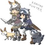  1:1 2021 animal_humanoid arai-san biped clothed clothing english_text feral fur grey_body grey_fur group humanoid humanoid_hands kemono_friends mammal mammal_humanoid procyonid procyonid_humanoid raccoon raccoon_humanoid simple_background text umikazenet3 weapon white_background 