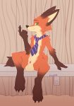  absurd_res animal_genitalia anthro balls beckoning canid canine crombie digital_media_(artwork) disney fox genitals gesture hi_res looking_at_viewer male mammal mostly_nude necktie nick_wilde shaded sheath sitting solo zootopia 