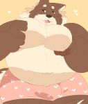  &lt;3 0119_muu 2021 anthro big_breasts black_nose breasts brown_body brown_fur bulge canid canine canis clothing domestic_dog fur hi_res kemono male mammal moobs overweight overweight_male simple_background solo underwear 