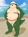  2021 absurd_res anthro balls beach belly black_nose blush canid canine canis censored domestic_dog eyes_closed flaccid fur genitals green_body green_fur hi_res humanoid_hands kemono live-a-hero male mammal mokdai moobs navel nipples outside overweight overweight_male penis seaside small_penis solo video_games water yaki_atsuage 