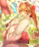  2021 4_fingers anthro asian_clothing big_breasts blurred_background braided_hair breasts brown_body brown_fur brown_hair brown_nose canid canine canis claws clothed clothing cute_fangs domestic_dog east_asian_clothing female finger_claws fingers floppy_ears fur hair hi_res japanese_clothing kemono kimono looking_at_viewer mammal multicolored_body multicolored_fur nalu_ame021 open_mouth open_smile paper_fan pawpads ponytail smile solo tongue two_tone_body two_tone_fur white_body white_fur yellow_eyes 