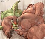  2020 anthro balls belly big_belly blush bodily_fluids butt cum dragon duo edit ejaculation genital_fluids genitals green_body kemono kotobuki male male/male mammal moobs musk nipples obese overweight overweight_male penis sample scar sitting sweat tongue tongue_out uncensored ursid 