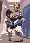  anthro areola areola_slip big_breasts bittenhard blue_bottomwear blue_clothing blue_skirt blush bottomwear breasts clothing curvy_figure female fur giant_panda hallway hand_on_breast hi_res huge_breasts legwear locker long_socks looking_at_viewer mammal multicolored_body multicolored_fur nintendo pancham pok&eacute;mon pok&eacute;mon_(species) school school_uniform skirt solo standing thick_thighs thigh_highs two_tone_body two_tone_fur uniform ursid video_games 