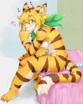 4:5 absurd_res anthro bed breasts captainjohkid clothing felid female fur furniture green_eyes hair hi_res mammal mia_(world_flipper) mostly_nude nipples nude pantherine scarf scarf_only solo stripes tiger world_flipper yellow_body yellow_fur 
