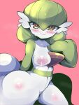  3:4 blush breasts clothed clothing exposed_breasts female gardevoir hand_on_chest hi_res humanoid looking_at_viewer nekoyuu nervous nintendo pok&eacute;mon pok&eacute;mon_(species) simple_background smile solo topless video_games 
