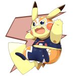  2020 3_toes ambiguous_gender blue_eyes clothing cosplay_pikachu_(costume) dipstick_ears feet fur hi_res mask midriff multicolored_ears nintendo open_mouth pikachu pikachu_libre pok&eacute;mon pok&eacute;mon_(species) simple_background solo tatu_wani_(artist) toes tongue video_games yellow_body yellow_fur 