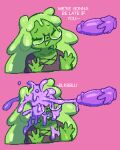  2021 4_fingers anthro before_and_after bodily_fluids colored_cum cum cum_on_face cumshot dialogue disembodied_penis duo eerieviolet ejaculation english_text erection eyewear female fingers genital_fluids genitals glasses goo_creature green_body male male/female penis purple_body purple_cum sarah_(eerieviolet) smile surprise text unusual_bodily_fluids unusual_cum unusual_genital_fluids 