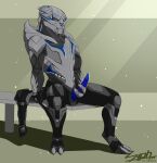  alien animal_genitalia armor blue_penis bodily_fluids clothed clothing discarded_clothing erection genital_fluids genital_slit genitals hi_res kavidex_raeys looking_at_viewer male mass_effect masturbation penile penile_masturbation penis precum slit solo sypherus topless turian video_games 