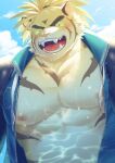  anthro areola biped blue_sky blush clothed clothing cloud felid fur hair hozunomi looking_at_viewer magan male mammal muscular muscular_anthro muscular_male nipples open_clothing open_mouth open_smile open_topwear pantherine pecs ponytail sky smile solo teeth tiger tokyo_afterschool_summoners topwear video_games yellow_body yellow_fur 