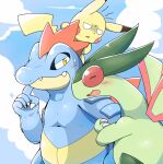  2020 ambiguous/ambiguous ambiguous_gender anthro blue_body blush claws cloud day dipstick_ears feraligatr flygon green_body group half-closed_eyes hi_res hug multicolored_ears narrowed_eyes nintendo open_mouth pikachu pok&eacute;mon pok&eacute;mon_(species) scalie tatu_wani_(artist) teeth tongue trio video_games wings yellow_body yellow_eyes 