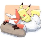  2020 3_toes accessory ambiguous_gender claws dipstick_ears duo eyes_closed feet fur headband hi_res multicolored_ears nintendo pikachu pillow pok&eacute;mon pok&eacute;mon_(species) red_body red_fur sleeping tatu_wani_(artist) toes video_games white_body white_fur yellow_body zangoose 