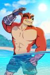 2:3 activision anthro bandicoot beach biped blue_eyes blue_sky clothed clothing crash_bandicoot_(series) crunch_bandicoot facial_hair fur goatee grin hand_on_hip hi_res kraujas male mammal marsupial muscular muscular_anthro muscular_male partially_submerged prosthetic prosthetic_arm prosthetic_limb red_body red_fur seaside sky smile solo sun swimming_trunks swimwear topless video_games water 