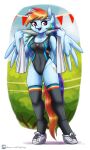  2021 3:5 accessory anthro blue_body blue_fur breasts clothing cutie_mark equid equine eyelashes feathered_wings feathers female footwear friendship_is_magic fur hair hasbro headband hi_res horse king-kakapo legwear long_hair long_socks long_tail looking_at_viewer mammal multicolored_hair multicolored_tail my_little_pony one-piece_swimsuit open_mouth pegasus pony purple_eyes rainbow_dash_(mlp) rainbow_hair rainbow_tail shoes sneakers solo standing swimwear thigh_highs towel towel_around_neck wings 