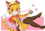  2020 4_fingers 4_toes ahoge anthro blonde_hair blush blush_stickers brown_body brown_eyes brown_fur claws clothed clothing feet felid female finger_claws fingers footprint fur hair hi_res kemono legwear looking_at_viewer mammal markings multicolored_body multicolored_ears multicolored_fur multicolored_tail pantherine pawpads pawprint paws popoemo short_hair signature simple_background smile solo stockings thigh_highs tiger toes translucent translucent_clothing white_background white_body white_fur yellow_body yellow_fur 