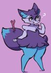  2021 ? anthro blue_body blush braixen canid eerieviolet eyewear female glasses hi_res inner_ear_fluff mammal nintendo open_mouth pink_background pok&eacute;mon pok&eacute;mon_(species) purple_body purple_eyes simple_background solo standing stick tuft video_games 