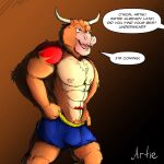  1:1 anthro artietheartbull balls_outline bottomwear bovid bovine bulge cattle clothed clothing detailed_bulge digital_media_(artwork) english_text fur genital_outline horn male mammal muscular nipples nude outline pants shorts solo standing text 