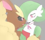  absurd_res ambiguous_gender anthro black_sclera blush bodily_fluids coodee duo embrace eye_contact gardevoir hi_res humanoid looking_at_another lopunny nervous nintendo open_mouth pok&eacute;mon pok&eacute;mon_(species) romantic simple_background smile sweat video_games 
