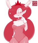  absurd_res bodily_fluids bow_tie bunny_costume clothing costume demon disney embarrassed female fishnet fishnet_legwear fufucatu gloves handwear hekapoo hi_res humanoid humanoid_pointy_ears legwear leotard monochrome nipple_slip not_furry simple_background solo star_vs._the_forces_of_evil sweat white_background 