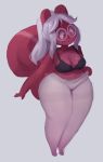  2021 anthro bottomwear bra breasts clothing eerieviolet eyewear female glasses grey_hair hair looking_down mammal navel open_mouth pants ponytail red_body rodent sciurid simple_background solo standing surprise tree_squirrel underwear valerie_(shortwings) wide_hips 