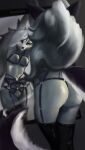 anthro breasts butt canid canid_demon canine canis clothed clothing demon digital_media_(artwork) fanarts female fur grey_body grey_fur grey_pupils hair half-closed_eyes hellhound helluva_boss hi_res legwear looking_at_viewer loona_(vivzmind) mammal mature_(disambiguation) mirror narrowed_eyes nipples nude nuxinara open_mouth pupils red_sclera reflection smile solo stockings white_body white_eyes white_fur white_hair 