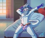  absurd_res awake bed bedroom big_penis boxer_briefs bulge canid canine canis clothed clothing coco daru_brek dragon erection erection_under_clothing furniture genitals hi_res hybrid kaishi_brek male mammal morning morning_wood penis solo underwear wolf 