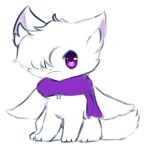  1:1 ambiguous_gender domestic_cat felid feline felis feral fluffy fluffy_tail fur hi_res mammal mostly_nude one_eye_obstructed paws purple_eyes purple_sclera scarf scarf_only simple_background smile snoiifoxxo solo tuft white_background white_body white_fur 