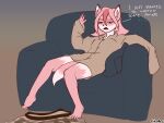  2021 4:3 alternate_species annoyed anthro barefoot brand_new_animal breasts canid clothing dialogue english_text feet female furniture hair halcy0n half-closed_eyes hi_res implied_transformation kilt mammal narrowed_eyes nazuna_hiwatashi on_sofa open_mouth pink_body pink_hair shirt simple_background sitting sitting_on_sofa sofa solo studio_trigger text topwear 