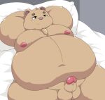  2021 anthro balls bed belly brown_body brown_fur erection fur furniture genitals hi_res kemono kusosensei male mammal moobs navel nipples obese obese_male overweight overweight_male penis pillow solo ursid 