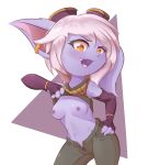 breasts clothing exposed_breasts eyewear female flashing_breasts fur goggles goggles_on_head hair hi_res humanoid league_of_legends piercing princess_rari purple_body purple_fur riot_games solo tristana_(lol) video_games white_hair yordle 