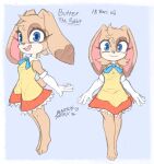 anthro armwear barefoot blasticussaturn blue_eyes bow_tie butter_the_rabbit_(blasticussaturn) clothing dress elbow_gloves english_text fan_character feet female fur gloves handwear hi_res lagomorph leporid looking_at_viewer mammal markings open_mouth rabbit sega signature simple_background smile sonic_the_hedgehog_(series) tan_body tan_fur text white_clothing white_gloves white_handwear white_markings 