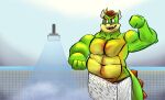  anthro belly big_belly body_hair bowser brown_eyes father flexing hairy hi_res koopa male mario_bros musclegut muscular nintendo overweight overweight_male parent scalie shower solo towel video_games 