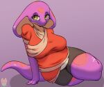  2020 anthro big_breasts breasts clothed clothing cobra digital_media_(artwork) female fully_clothed hi_res keeshee masc0t361 non-mammal_breasts purple_body reptile scalie shaded sitting snake snake_hood solo spots squish thick_tail thick_thighs thigh_squish watermark wide_hips 