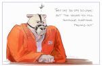  2021 anthro beastars brown_bear clothing english_text fur grey_body grey_fur hi_res humor jacket jmbad_art male mammal muzzle_(object) muzzled orange_clothing orange_jacket orange_topwear prison_uniform riz_(beastars) solo stated_homosexuality stated_sexuality text topwear ursid ursine 