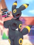  absurd_res anthro anthrofied areola ashraely big_areola big_breasts big_nipples black_body black_fur black_nipples blurred_background blush bodily_fluids breasts canid canine cleft_of_venus curvy_figure cute_fangs dialogue digital_media_(artwork) eeveelution english_text female fur genitals glistening glistening_body hi_res huge_breasts looking_at_viewer mammal navel nintendo nipples nude open_mouth outside peach_pussy pok&eacute;mon pok&eacute;mon_(species) pok&eacute;morph public pussy red_sclera simple_background smile solo standing talking_to_viewer text thick_thighs tongue umbreon video_games voluptuous wide_hips 