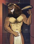  abs anthro bathroom bgn biceps blonde_hair body_hair brown_body brown_fur byron_(bgn) chest_hair chest_tuft covering covering_crotch felid fur hair hair_dryer hairy hi_res holding_object holding_towel lion looking_at_viewer male mammal mane mane_hair multicolored_body multicolored_fur muscular muscular_anthro muscular_male muscular_thighs narrowed_eyes navel nipples nude pantherine pecs shower shower_head solo squint tan_body tan_fur towel towel_only tuft 