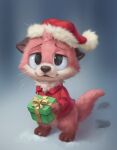  2020 anthro barefoot black_nose bottomless brown_body brown_fur chester_the_otter christmas christmas_clothing christmas_headwear clothed clothing feet fur hat headgear headwear holding_gift holding_object holidays looking_at_viewer lutrine mammal mustelid santa_hat silverfox5213 simple_background solo standing whiskers white_body white_fur 
