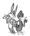  2021 4_fingers anatid anseriform anthro avian beak bird buckteeth bugs_bunny carrot daffy_duck duck duo fingers food half-closed_eyes hammerspaced holding_food holding_object looney_tunes male monochrome narrowed_eyes plant sketch small_tail smile teeth vegetable warner_brothers whiskers 