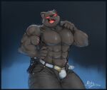  2021 abs anthro belt big_muscles bottomwear bulge clothed clothing domestic_cat epic_games eye_scar facial_scar fangs felid feline felis fortnite fur glistening glistening_body glowing glowing_eyes grey_body grey_bottomwear grey_clothing grey_fur grey_pants hi_res holster huge_muscles inkart_flow male mammal meowscles_(fortnite) muscular muscular_anthro muscular_male navel open_bottomwear open_clothing open_mouth open_pants open_smile pants pecs pockets red_eyes scar scratches shadow_meowscles_(fortnite) signature simple_background smile solo standing suspenders tongue topless underwear video_games 