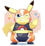  2020 3_toes ambiguous_gender blue_eyes blush bodily_fluids clothing cosplay_pikachu_(costume) dipstick_ears feet fur gesture hi_res looking_at_viewer mask midriff multicolored_ears nintendo one_eye_closed pikachu pikachu_libre pok&eacute;mon pok&eacute;mon_(species) semi-anthro smile solo sweat tatu_wani_(artist) teeth toes video_games waving wink yellow_body yellow_fur 